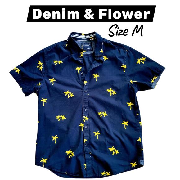 Denim & Flowers Men’s M Shirt – Navy Yellow Palm Tree Button Up, Short Sleeve - Picture 9 of 9